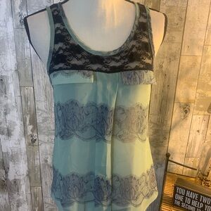 Lace Trimmed Sleeveless Top - Blue and green. Size S
